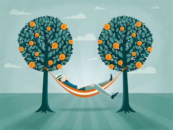 Person relaxing on hammock strung between two trees in full leaf. Successful retirement planning