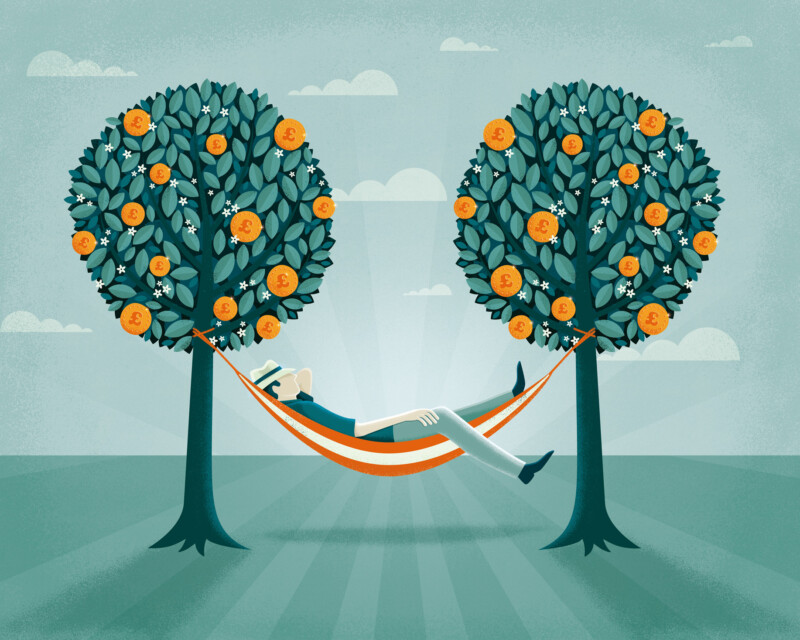 Person relaxing on hammock strung between two trees in full leaf. Successful retirement planning