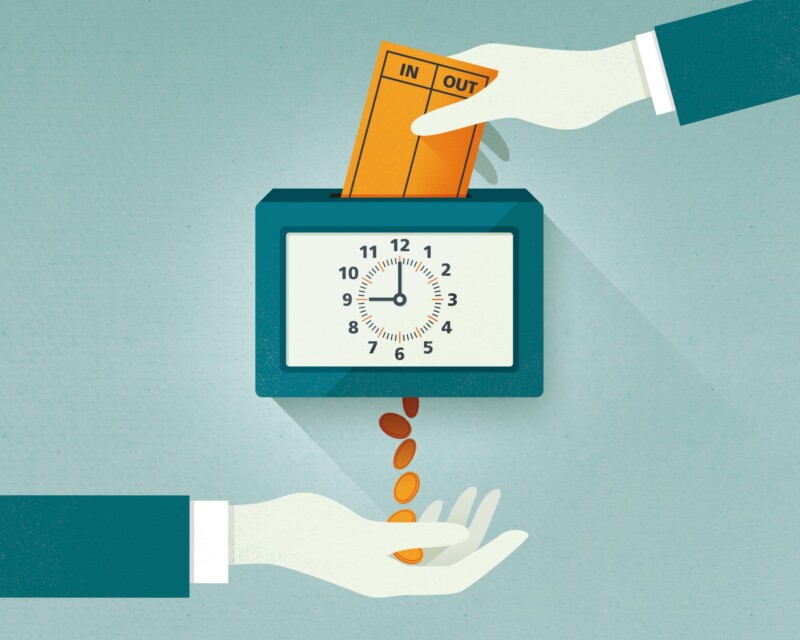 Traditional clocking on with docket and coins falling out the bottom of the clock box. Employee benefits