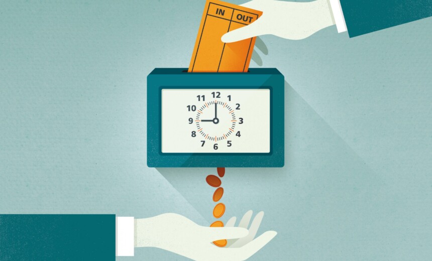 Traditional clocking on with docket and coins falling out the bottom of the clock box. Employee benefits