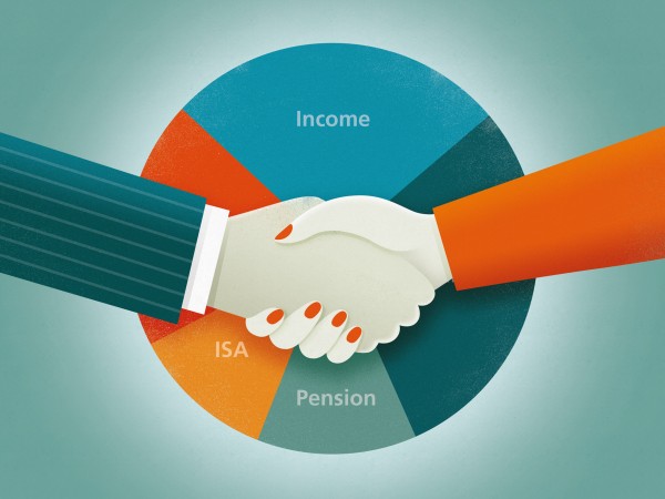 Pie chart and image of handshake in front. Your first meeting with your financial adviser