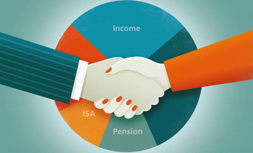 Pie chart and image of handshake in front. Your first meeting with your financial adviser