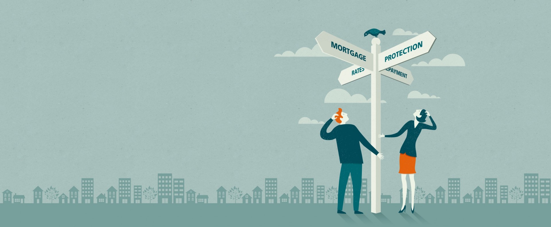 Mortgages and protection choices. Confused people looking at signpost. Cityscape silhouette