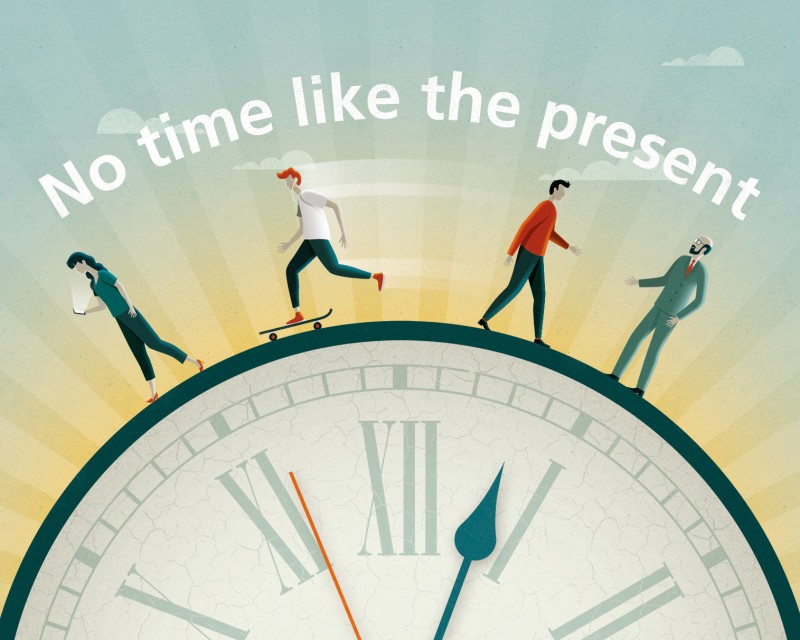 People walking round a clock face. When is the right time to start saving? No time like the present