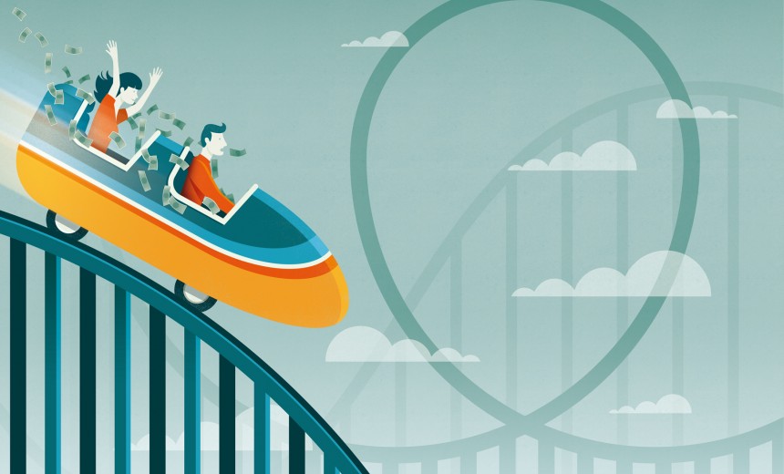 Financial and social uncertainty. People on a rollercoaster