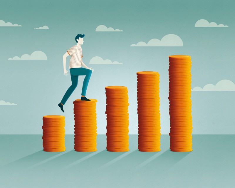Person walking up stacks of coins. Easy steps. 5 steps to simplifying your finances
