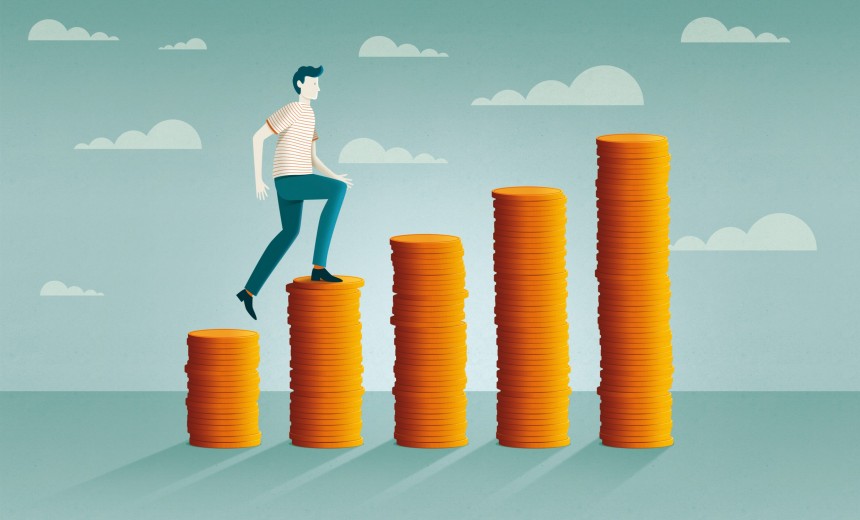 Person walking up stacks of coins. Easy steps. 5 steps to simplifying your finances
