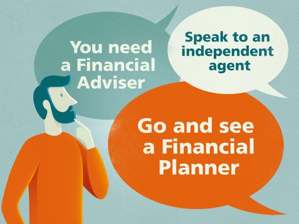 Person confused by lots of speech bubbles - where do you get financial advice?