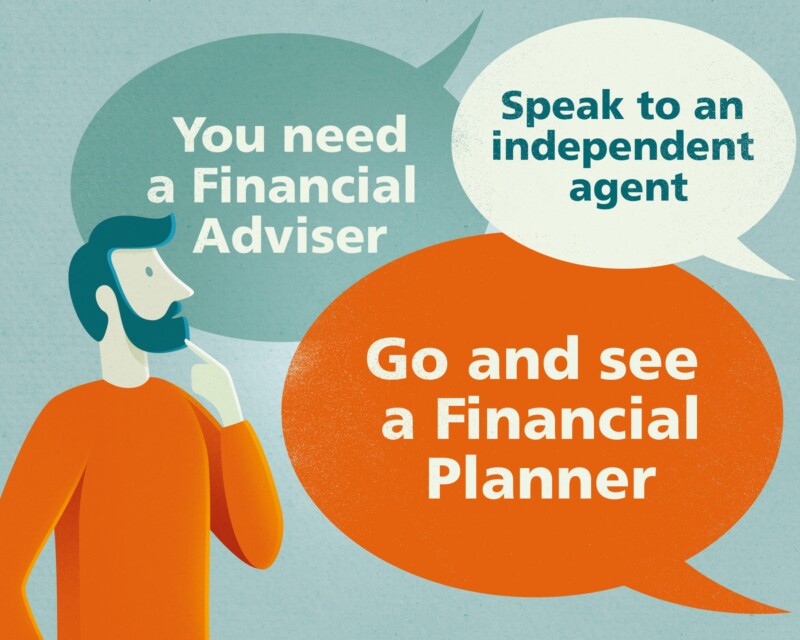 Person confused by lots of speech bubbles - where do you get financial advice?